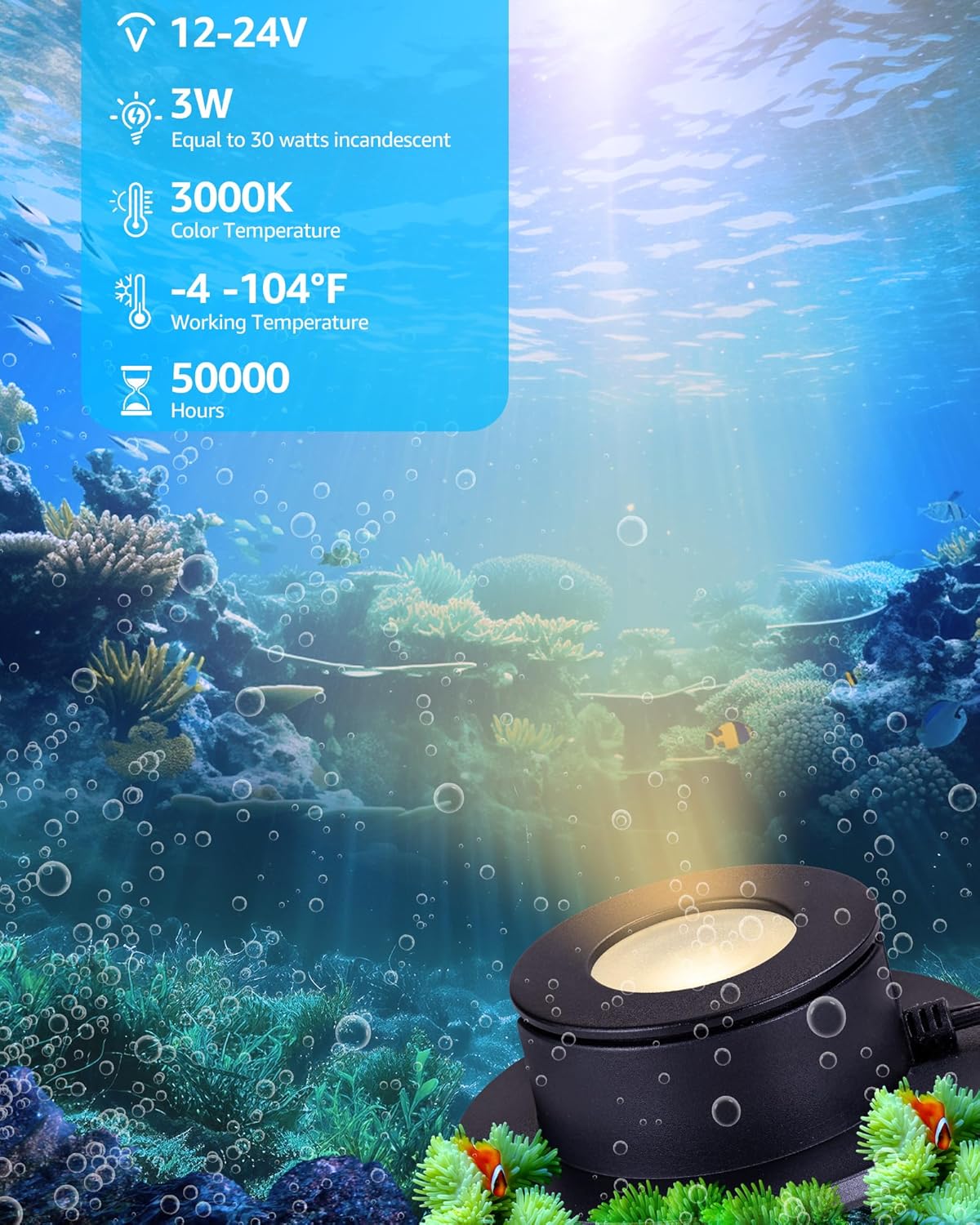 SUNVIE 3W Pond Lights LED Underwater 3000K Warm White IP68 Waterproof Underwater Pond Lights 12-24V AC/DC Low Voltage Fountain Light LED Underwater for Outdoor Ponds Fountains Waterfalls, 4 Pack