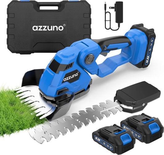 AZZUNO Cordless Hedge Trimmer, 2-in-1 Electric Grass Shears Shrubbery Trimmer with 2Ah Battery，Handheld Grass Cutter Shrub Trimmer for Gardens, Yards, Lawns, Including Charger(2 Batteries)