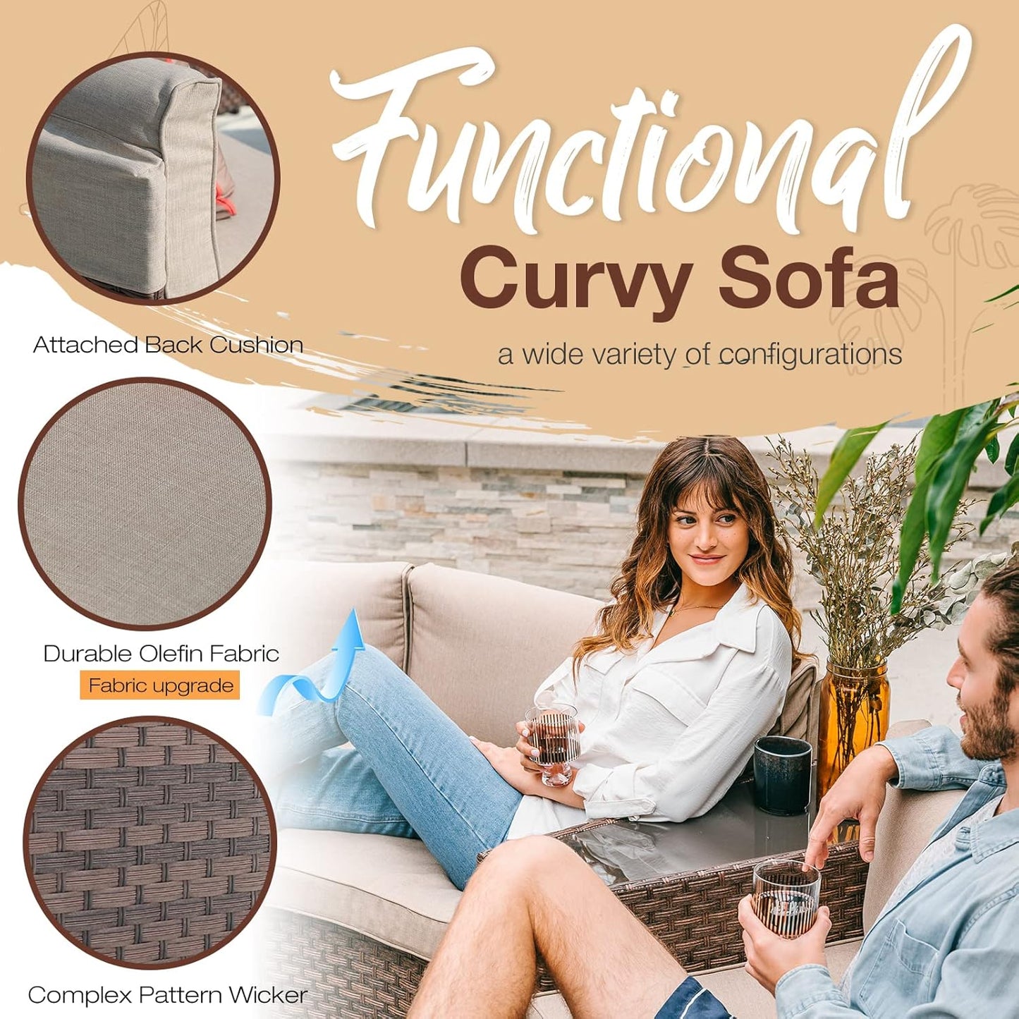 SUNSITT Outdoor Patio 8-Piece Half Moon Curved Furniture Sofa Set Brown Wicker Sectional Sofa Beige Cushions with 2 Side Table