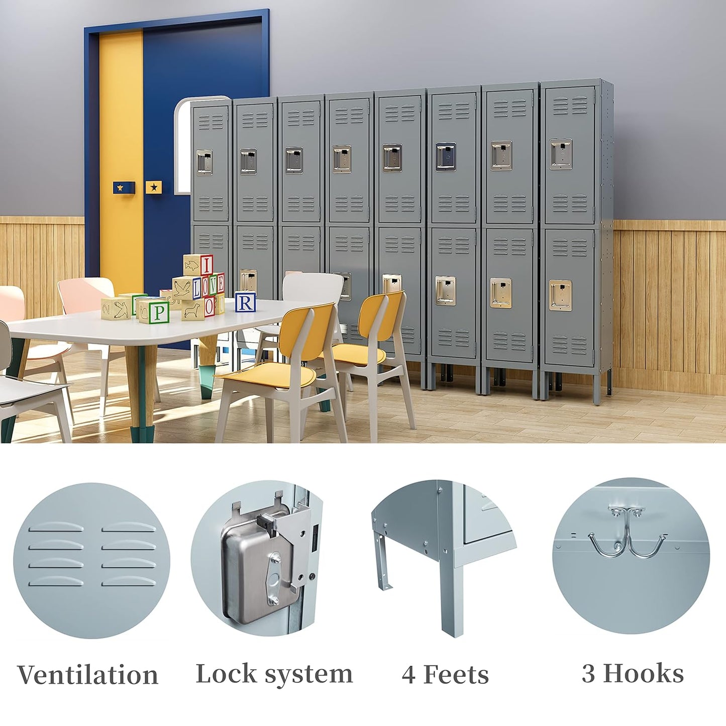 Yizosh Metal Lockers for Employees with Lock, Employees Locker Storage Cabinet with 1 Doors, Tall Steel Storage Locker for Gym, School, Office (Gray, 2 Door)