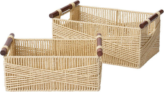 LA JOLIE MUSE Wicker Storage Baskets for Organizing, Recyclable Paper Rope Basket with Wood Handles, Decorative Hand Woven Basket Organizers for Makeup Books Shelves Living Room, Beige, Set of 2