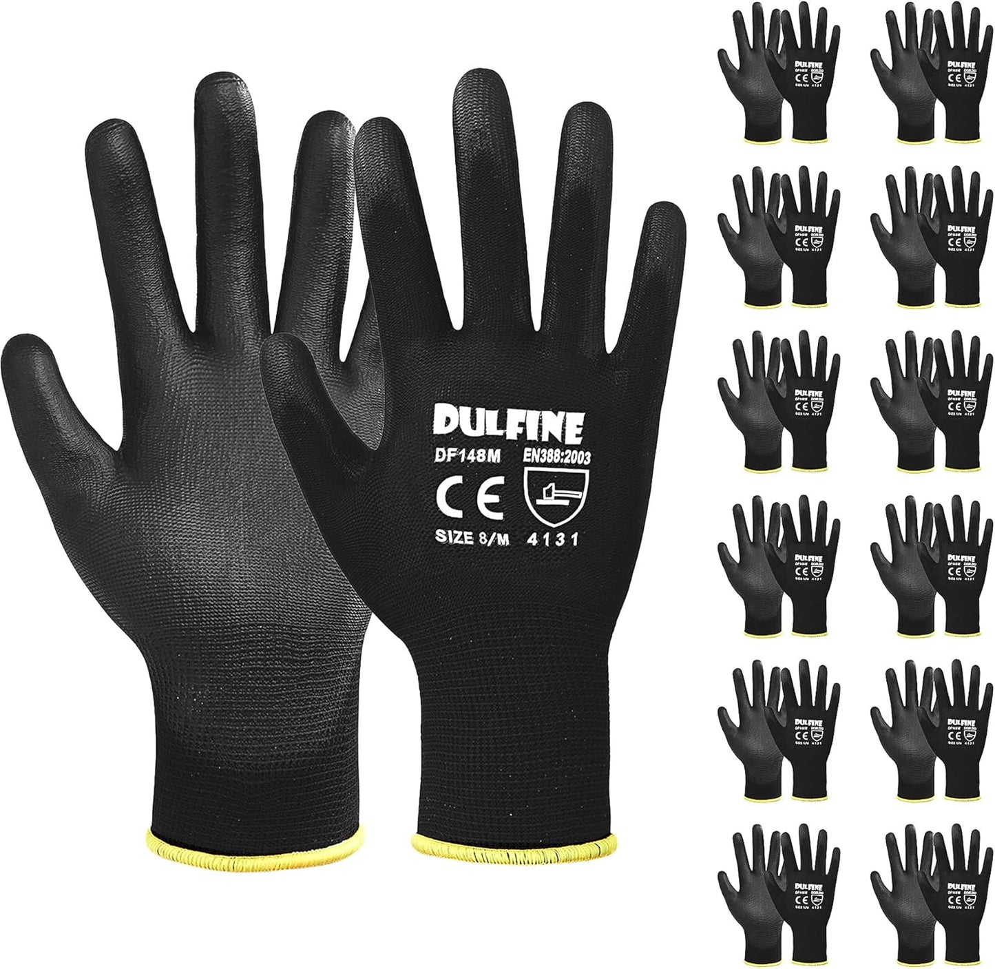 DULFINE Ultra-Thin PU Coated Work Gloves-12 Pairs,Excellent Grip,Nylon Shell Black Polyurethane Coated Safety Work Gloves, Knit Wrist Cuff,Ideal for Light Duty Work. (Small)