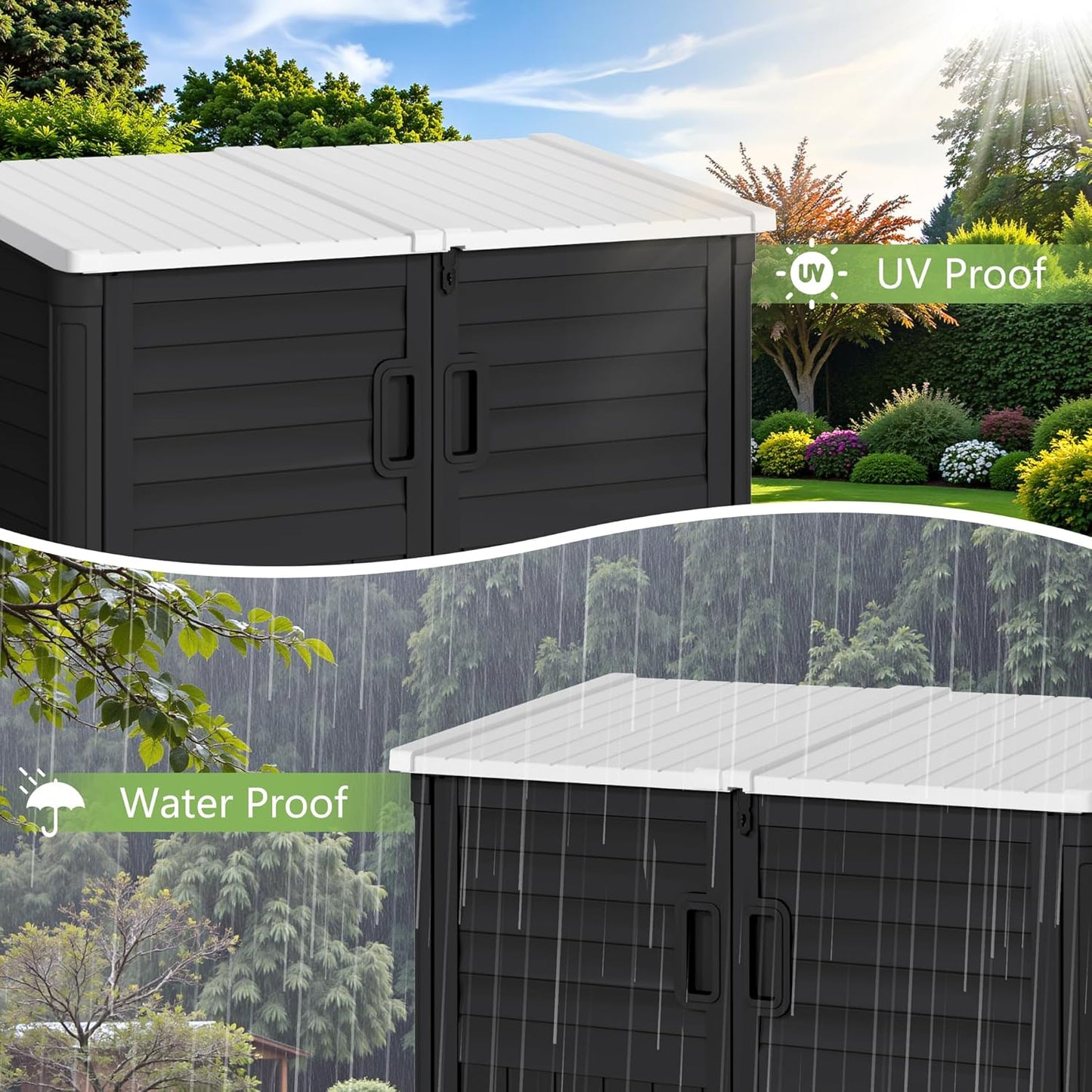 Greesum Outdoor Resin Storage Shed, 34 Cu.ft Horizontal Outdoor Storage Box Waterproof for Garden, Pool Storage, Garbage Cans, Black