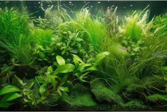 Aquarium Background Diverse Collection of Aquatic Plants Seagrasses Terrarium Background Redwood Root Moss Tropical Style Underwater Lush Green Plants Fish Tank Background Wallpaper Poster 72x16in