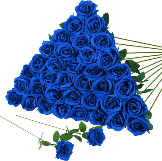 36 Pcs Royal Blue Artificial Roses with Long Stems, Blue Fake Silk Rose Artificial Flowers Bulk for Bridal Wedding Bouquet Centerpiece Ball Arrangement Party Decor
