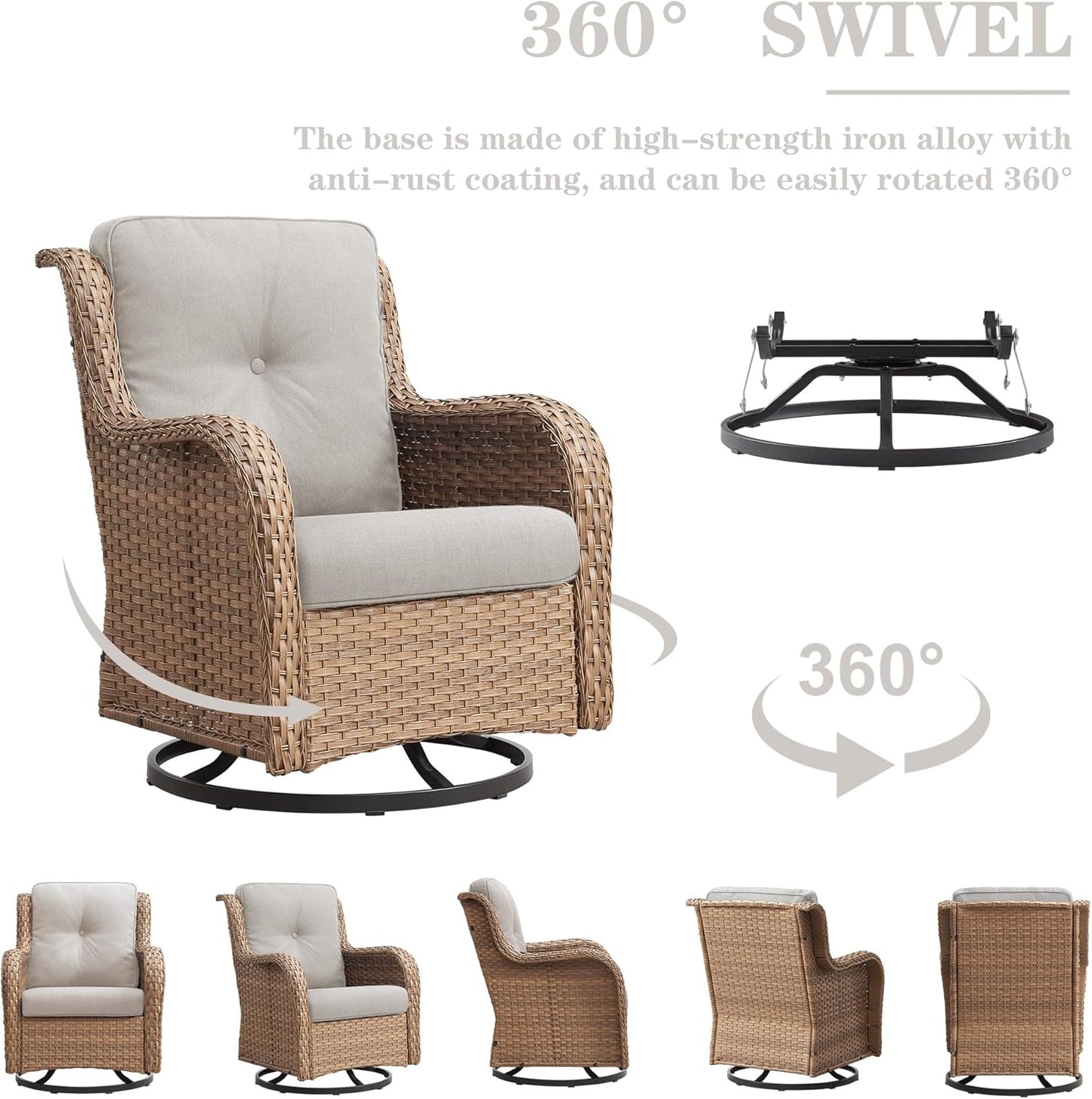 Wicker Outdoor Furniture Patio Furniture Set - 6 Piece Patio Conversation Set with Swivel Rocker Chairs, Rattan Sofa, Ottomans and Coffee Table, Beige Cushion