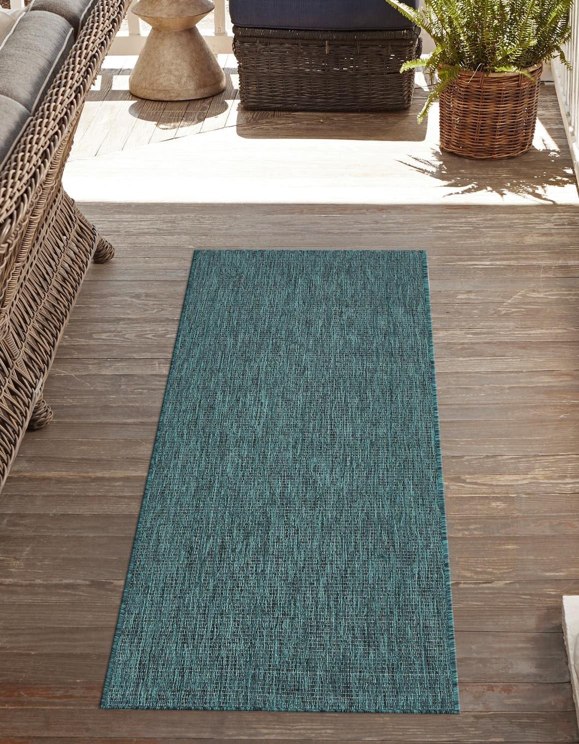 Unique Loom Outdoor Solid Collection Area Rug (2' 7" x 12' Runner Teal/Navy Blue)