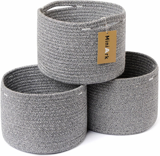 Small Basket for Organizing | Cube Shelf Closet Storage Baskets | 9.7×9.7×7.1” | Woven Rope Gift Basket | Nursery | Round 3 Packs Mixed Grey