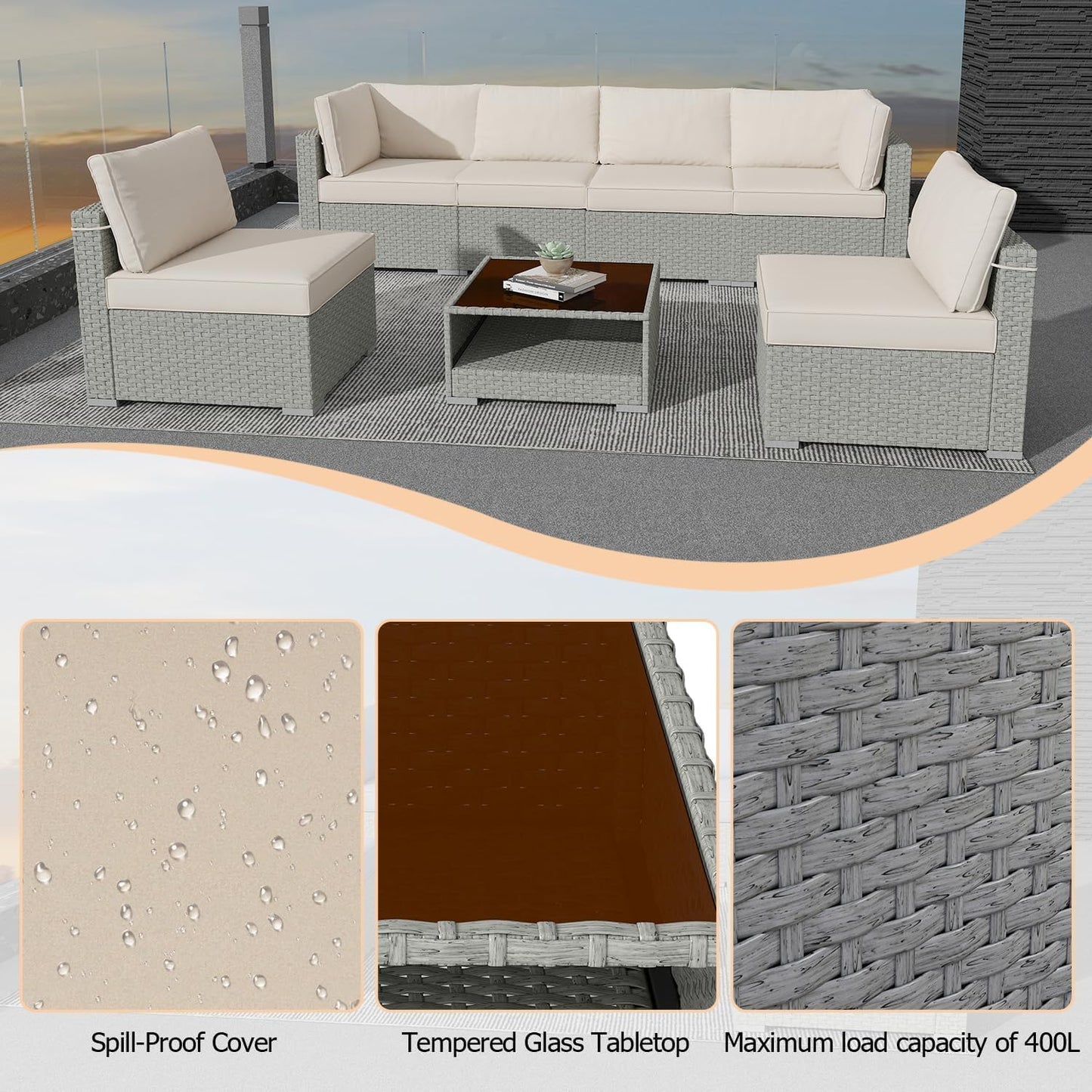 Patio Furniture Set 7-Piece, All-Weather Outdoor Conversation Set Sectional Sofa with Water Resistant Grey Thick Cushions and Coffee Table（Khaki）