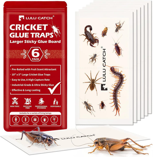 LULUCATCH Cricket Insect Glue Traps - 6 Pack Bug Cockroach Sticky Traps, Large Spider Trap with Pre-Baited Attractant, Highly Effective Glue Boards Indoor, Non-Toxic Pet Safe Pest Control