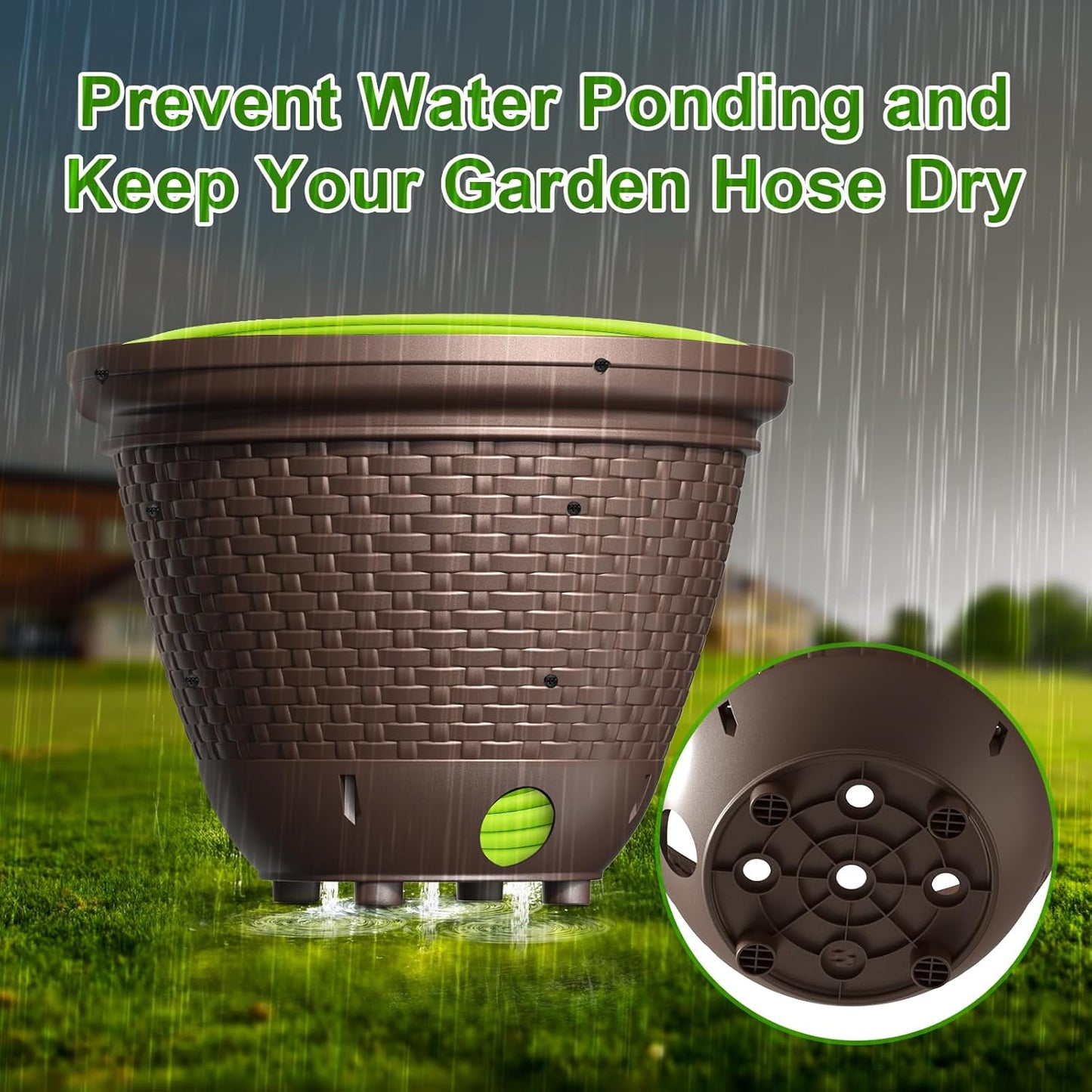 Riokko Garden Hose Holder Pot, Decorative Wicker Hose Holder, Water Hose Storage for Outside/Garage, Hose Box Fits 100-400 FT Hoses with 5 Drain Holes, Large Capacity & Assembly Required, Java