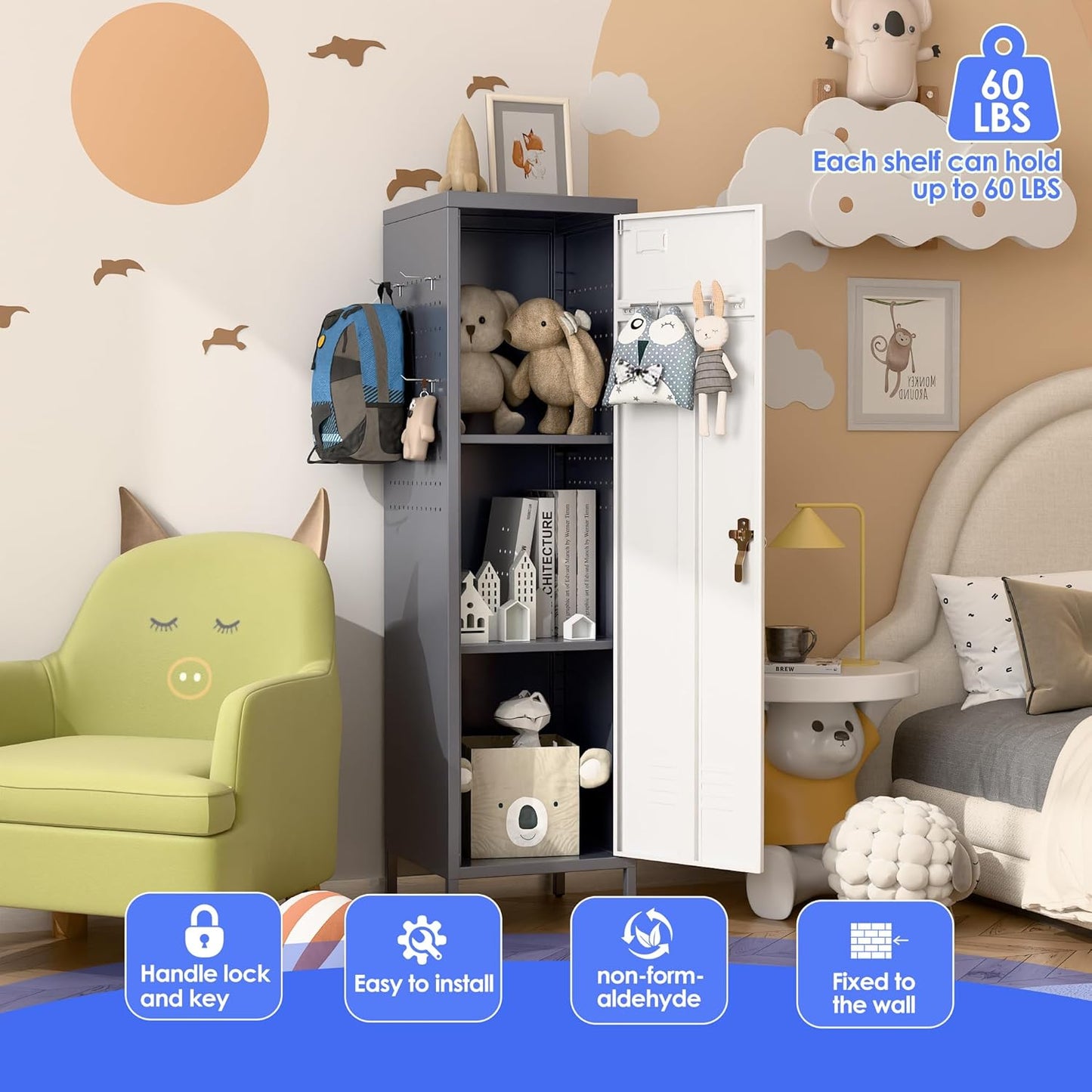 METAN Metal Storage Lockers with Handle Lock and 2 Adjustable Shelves,Office Storage Locker with Pegboards and Hooks,Assembly Required,Grey White