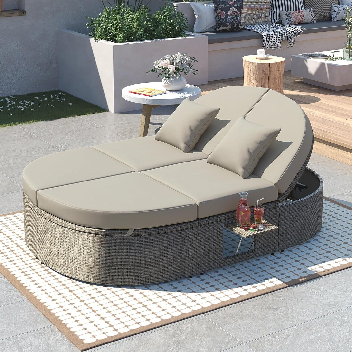 kevinplus Outdoor Daybed Patio Sunbed with Adjustable Backrests and Foldable Cupholder, Rattan Outdoor Garden Daybed Sunbed Reclining Chaise Lounge for Poolside Balcony, Gray