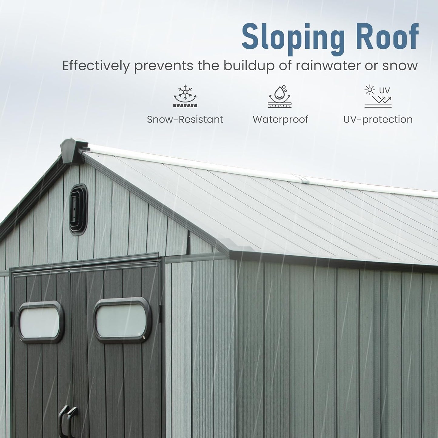 Domi 8x6 FT Outdoor Resin Storage Shed, All-Weather Double-Wall Storage Building for Backyard, Garden, Lawn Tools, Mower, Bike & Pool Equipment, Lockable Doors, Ventilated Roof, Grey