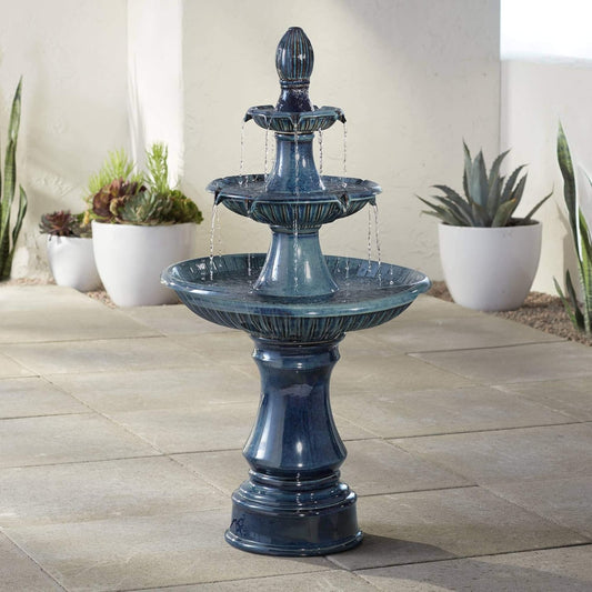 Formentera 46" High Large Italian Indoor Outdoor Decor Teal Blue Ceramic Floor Fountain with Light LED Waterfall 3-Tier Standing Water Feature for Outside Garden Patio Yard Backyard - John Timberland