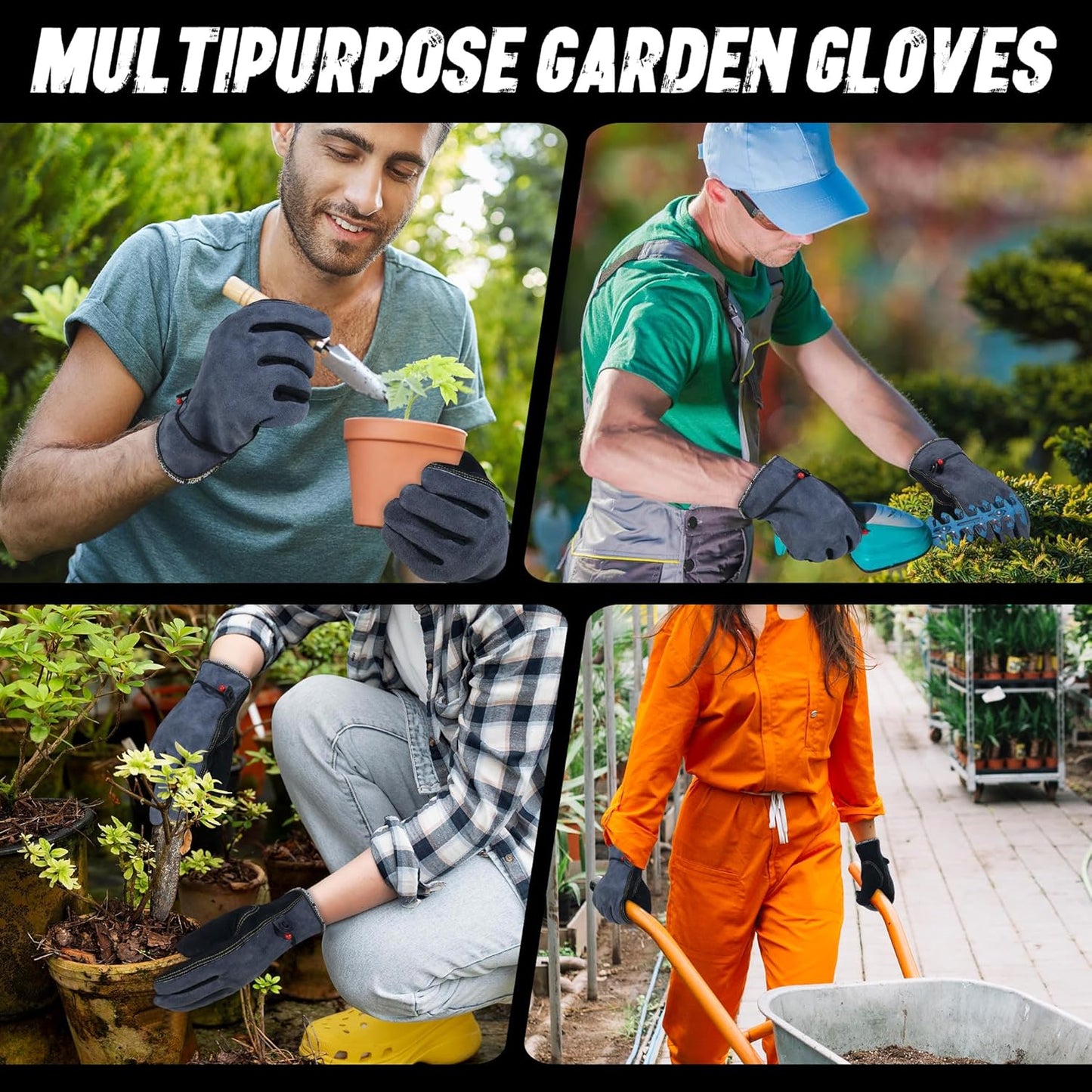 HLDD HANDLANDY Leather Work Gloves for Men & Women, Adjustable Wrist Cowhide Gardening Glove with Reinforced Palm for Driver