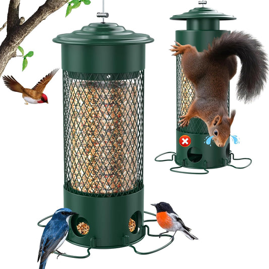 Metal Squirrel Proof Bird Feeders for Outdoors Hanging,Weight-Activated Large Capacity Feeder for Wild Finch, Cardinal,Blue Jay, Chickadee, Weatherproof and Durable 4 Perches,Green