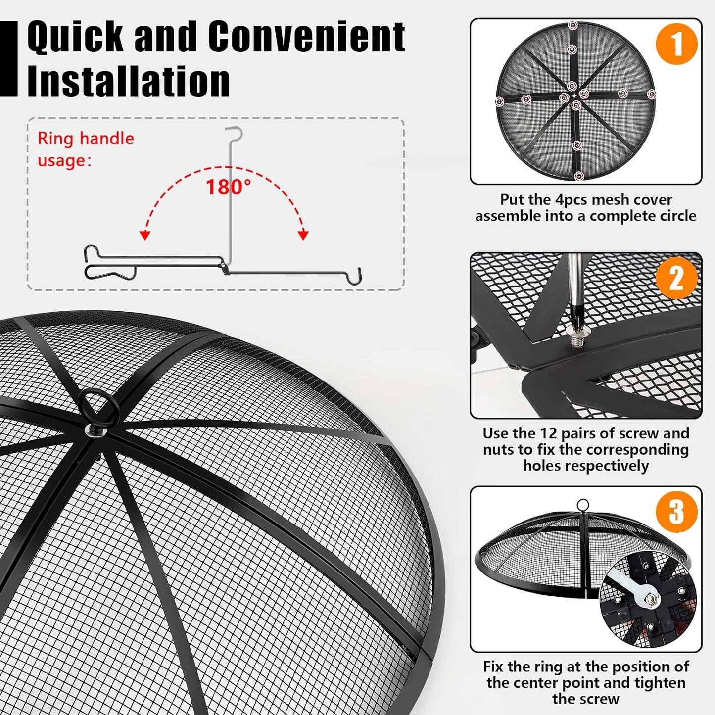 Fire Pit Spark Screen, Fire Pit Screen 36 Inch Round with Handle & Poker, Collapsible Heavy Duty Mesh Fire Pit Cover Fire Pit Lid for Outdoor/Patio/Backyard/RV Camping/Beach