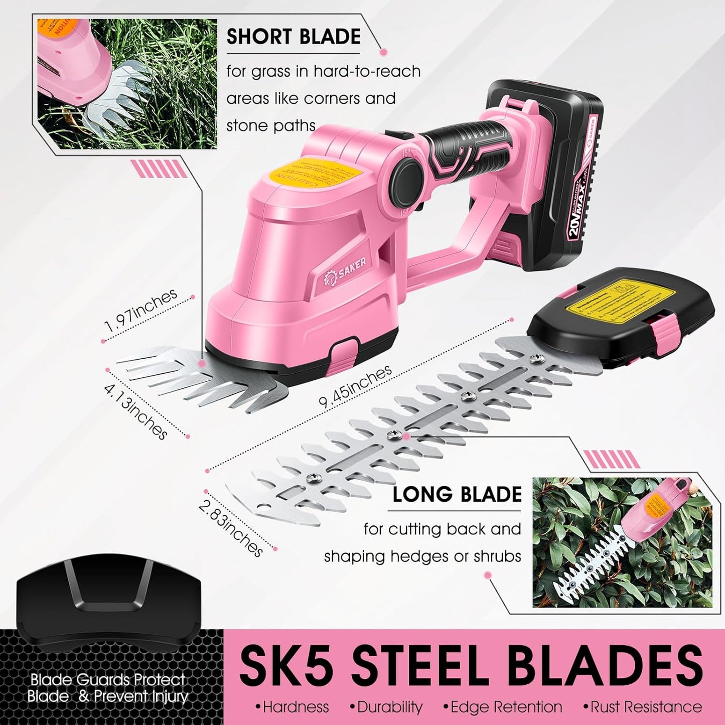 Saker Cordless Hedge Trimmer-20V Electric Shrub Trimmer Grass Shears Handheld Grass Cutter, Hedge Shear with 2 PCS Rechargeable Battery and Charger for Garden, Lawn(Pink)