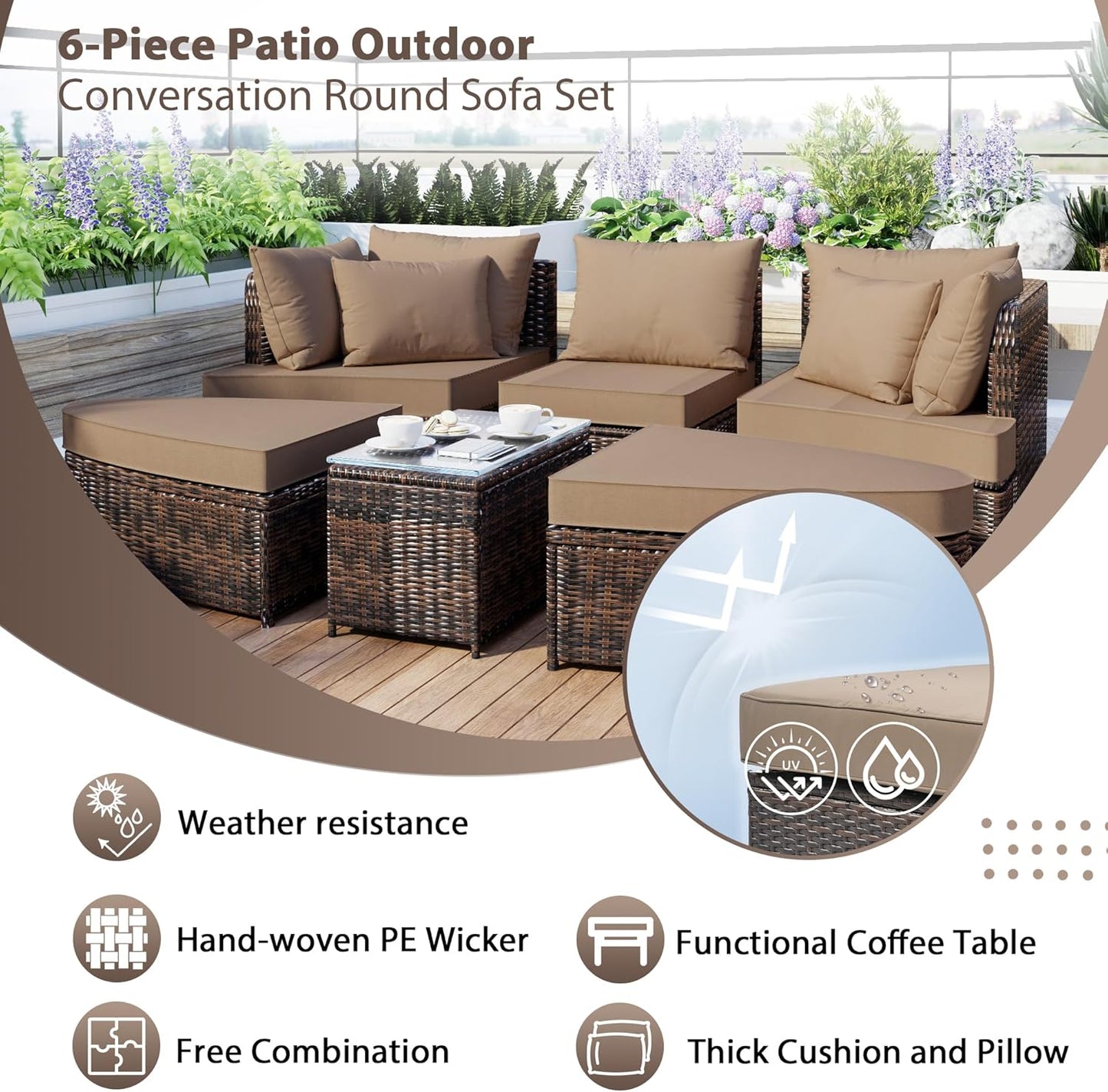 kevinplus Outdoor Patio Outdoor Daybed Patio Sunbed, All-Weather PE Wicker Patio Outdoor Conversation Round Sectional Sofa Couch Set with Coffee Table, Brown
