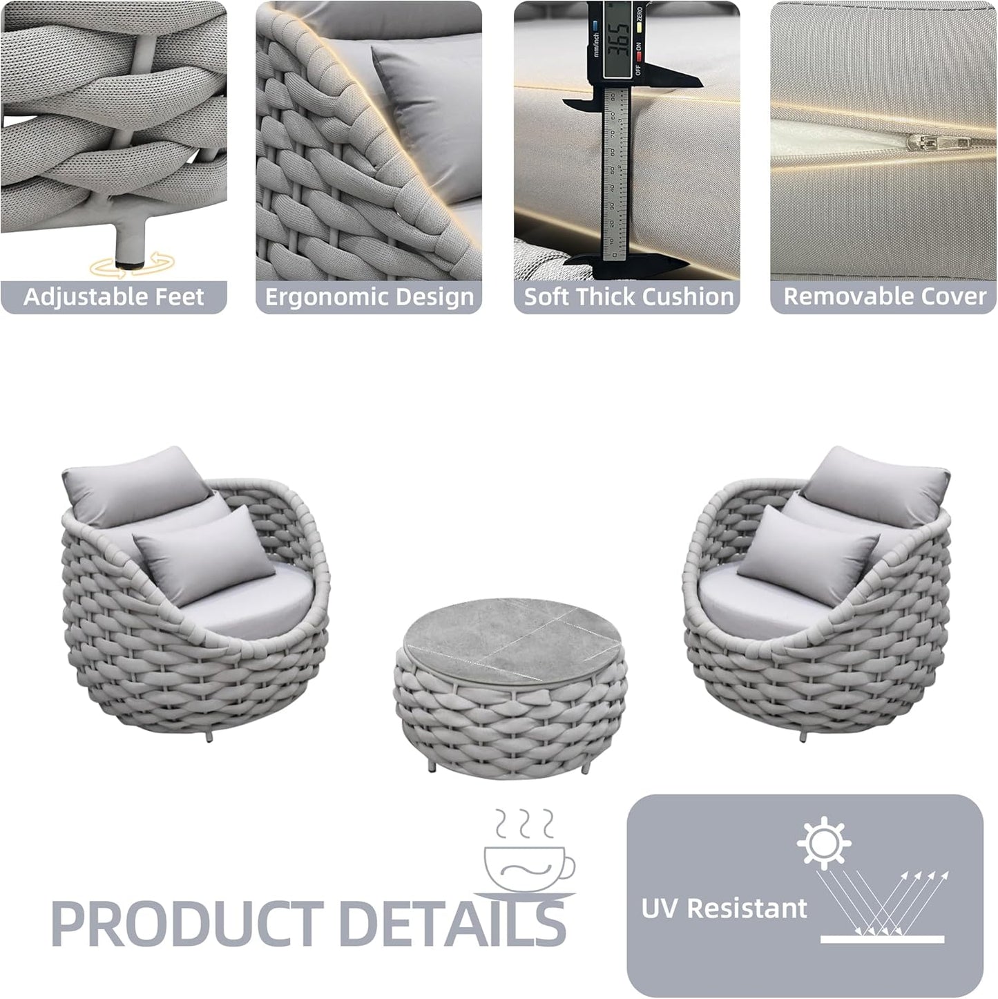 TWT 3 Pieces Aluminum Patio Furniture Set, Hand Woven Textilene Rope Outdoor Sofa Set w/Washable Cushion and Rock Slab Tabletop, Conversation Furniture for Livingroom Poolside Balcony (Grey)