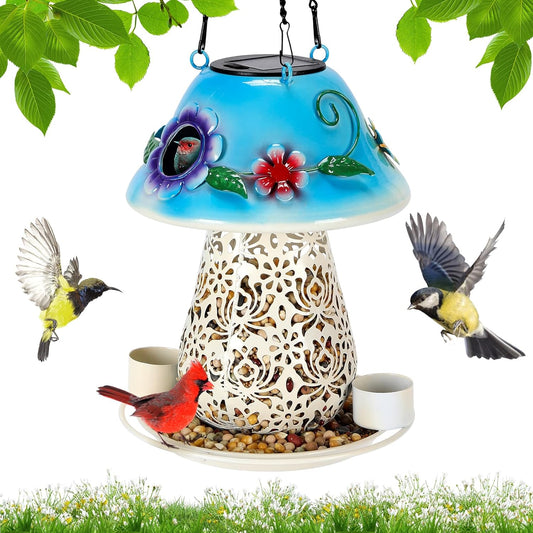 Mushroom Solar Bird Feeders for Outdoors Hanging Metal Wild Bird Feeder Garden Lantern with S Hook for Garden Decoration Blue