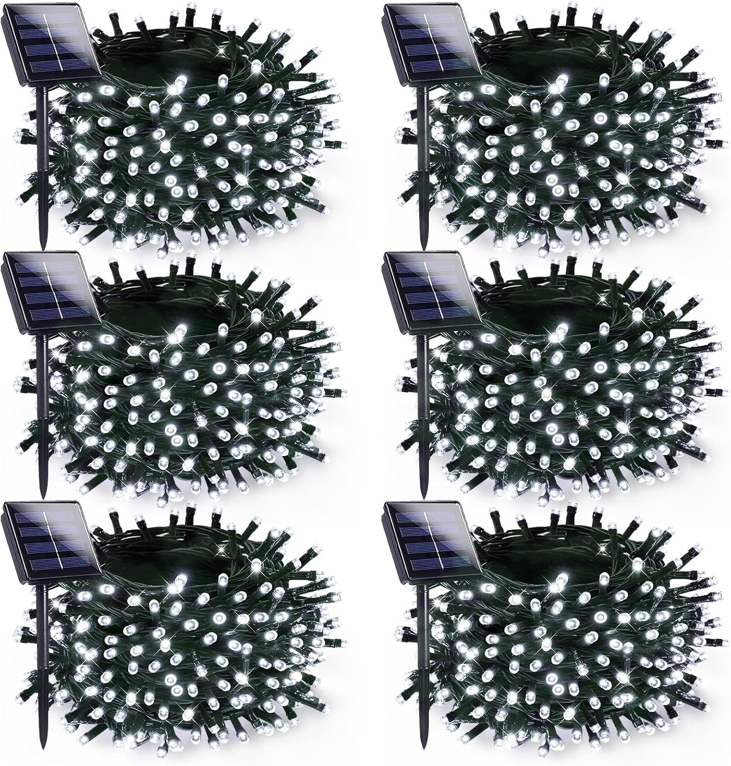 6 Pack Solar Christmas Lights Outdoor Waterproof, 600 LED 198 FT Solar Powered String Lights Outdoor with Green Wire 8 Lighting Modes, Christmas Tree Light for Xmas Fence Party Yard Decor, Cool White