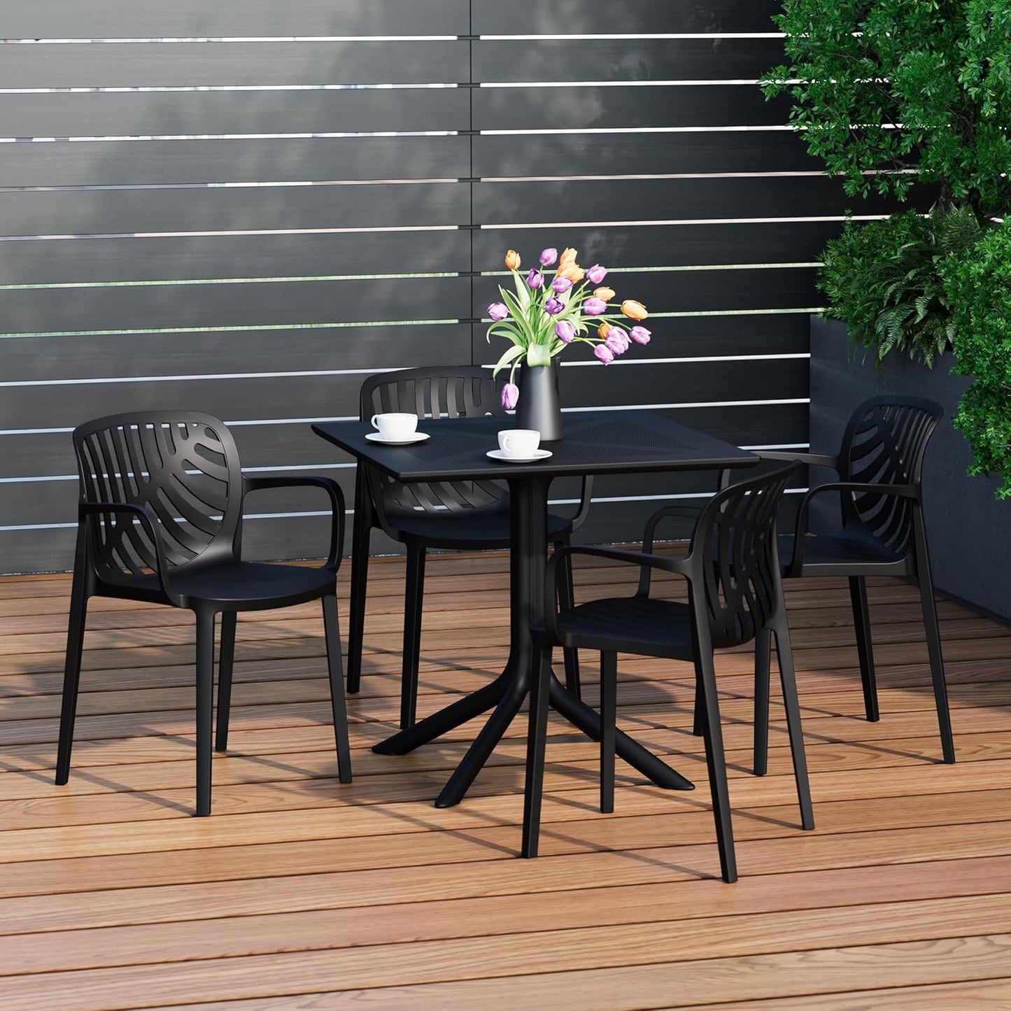 Breakfast Table Set for 4, HDPE Patio Square Dining Table and Stackable Chairs, Outdoor Small Patio Furniture Set All Weather for Backyard Porch Poolside, Black
