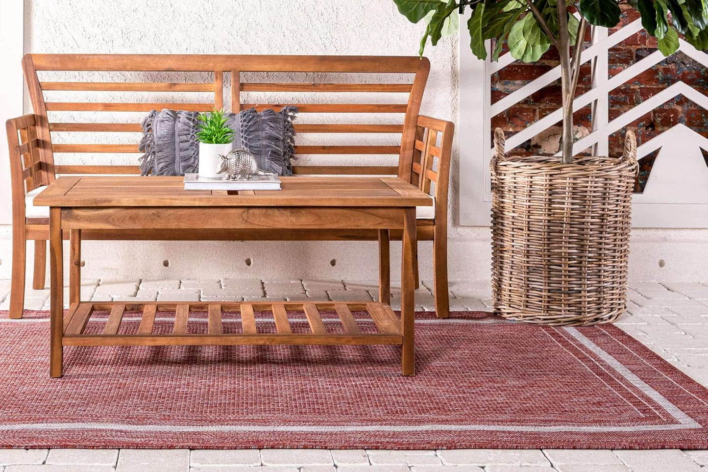 Unique Loom Outdoor Border Collection Area Rug - Soft Border (5' 3" x 8' Rectangle, Rust Red/ Ivory)