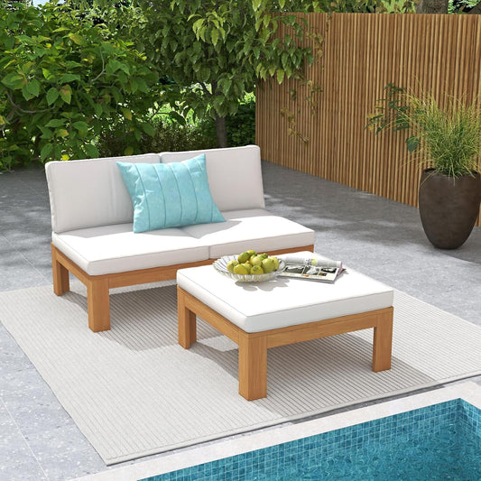 SUNSITT 2 Piece Acacia Wood Patio Furniture Outdoor Loveseat Sofa Set with Adjustable Armrest, FSC Certified L-Shaped Patio Set w/2-in-1 Coffee Table, Cream White Cushions for Garden