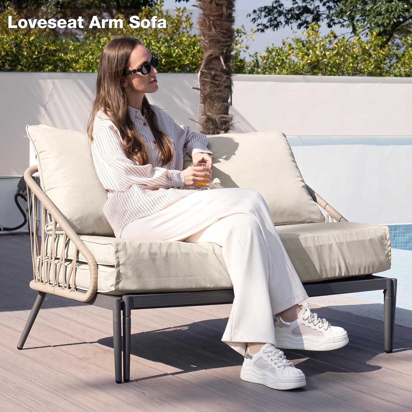 Patio Adjustable Daybed, 2-Person Outdoor Daybed with Cushions and Pillows, Woven Rope Patio Loveseat Garden Adjustable Reclining Chaise Lounge for Lawn