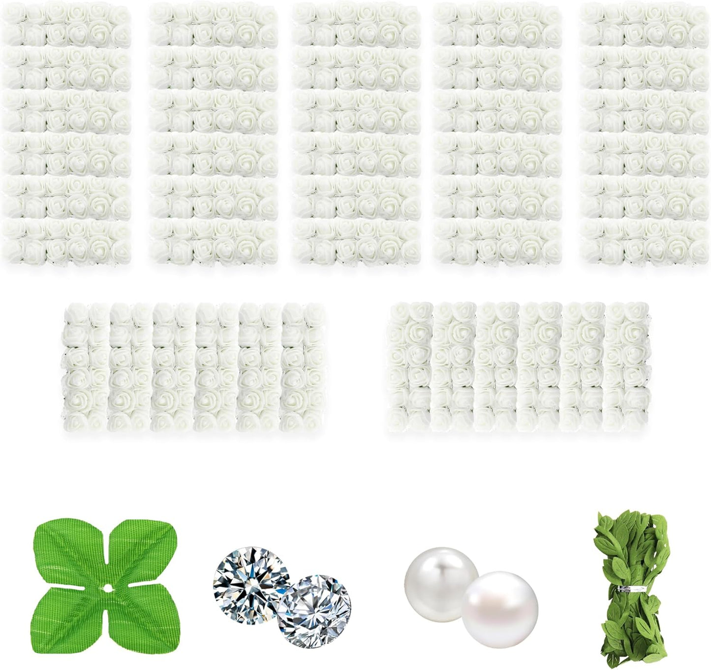 500 Pcs 0.6 Inch Mini Artificial Flowers Head Bulk 5 in 1 Set Faux Foam Fake Small Rose Tiny Baby Flores Bouquet Wreath Gift Hair Clip Home Decoration DIY Craft (White)