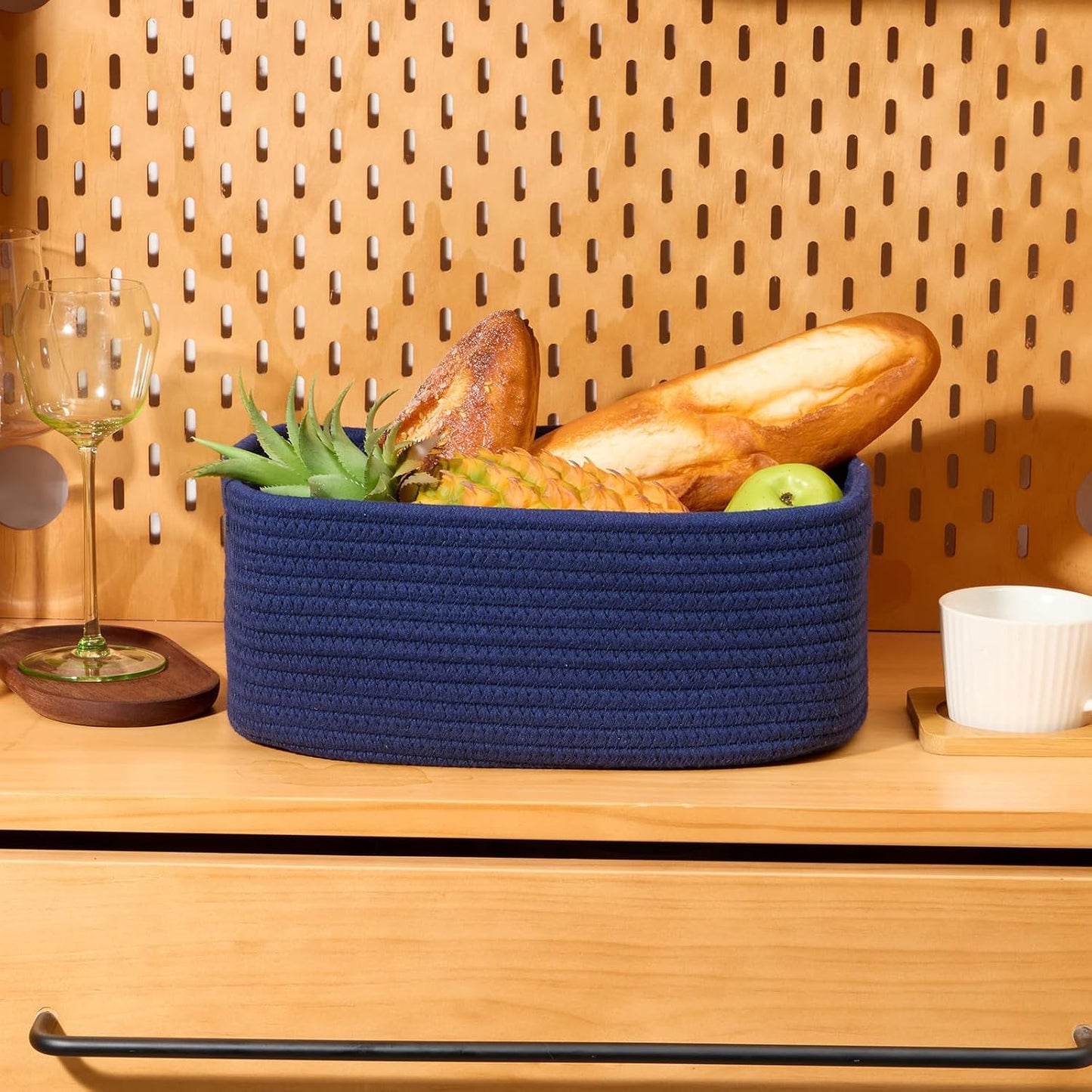 Small Storage Baskets for Organizing | Closet Organizer Bins | Shelf Toy Basket | Woven Rope Baskets | Cube Decorative Box | Shallow Basket | 13x8.5x5.1” | 4 Packs Navy Blue