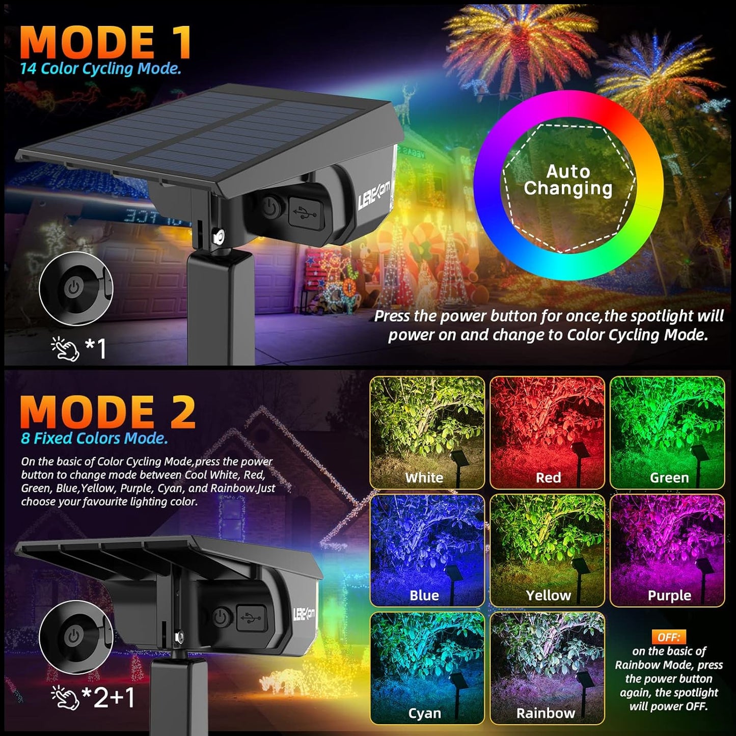 Color Solar Light Outdoor Waterproof Spotlights with 9 Light Modes, Color Changing Solar Outdoor Light for Decorate Festivals, Colored Spot Lights Auto On/Off, RGBW Landscape Lights