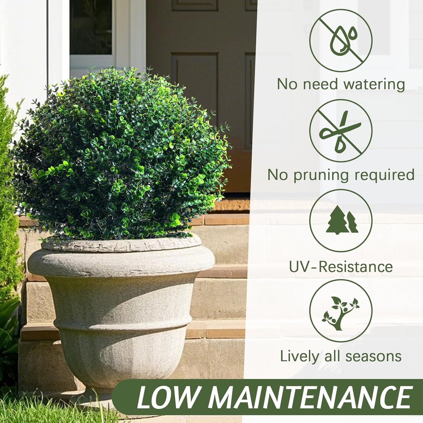 Yunlly 2 Pcs 18 Inch Artificial Boxwood Ball Topiary Tree Fake Outdoor Plants Bush, UV Resistance Faux Shrubs with Spike Realistic Greenery Potted for Indoor Garden Yard Porch Patio Decor (Dark Green)