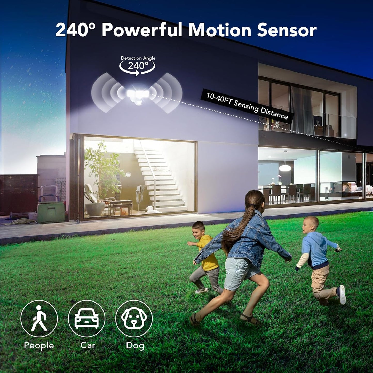 OREiN 3500LM/26W Flood Lights Outdoor, 240°/40FT Motion Sensor Outdoor Lights Dusk to Dawn Security Lights IP65 Waterproof 3 Modes for Outside 3500SQ.FT Front Door, Garage, White (Hardwired)