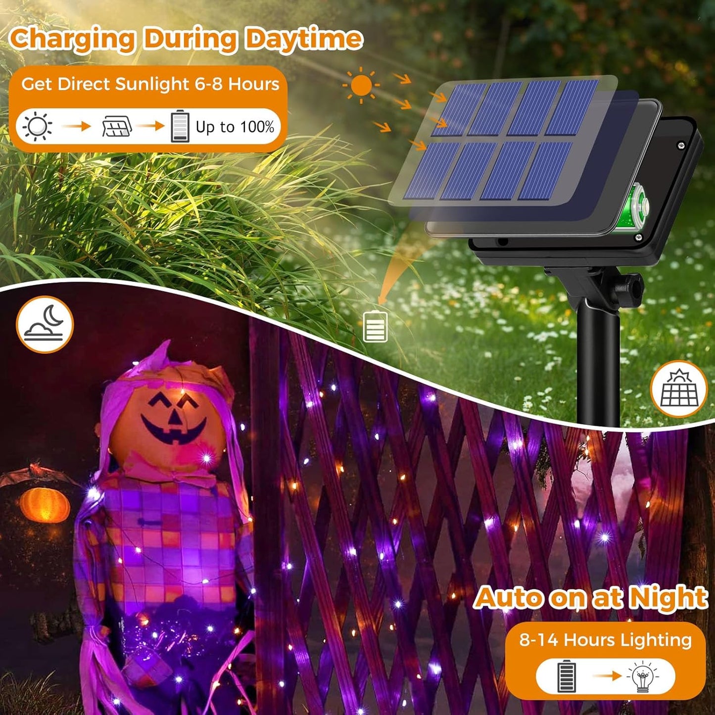 btfarm Solar Halloween String Lights Outdoor, 80LED 33FT Orange Purple Solar Fairy Lights Outside Waterproof, 8 Modes Solar Powered Twinkle Lights for Tree Garden Patio Halloween Party Decorations