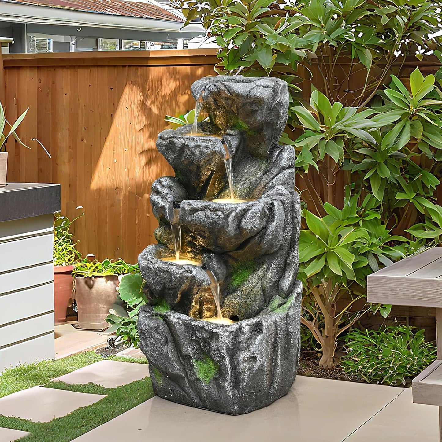 Water Fountain Outdoor 31.59" H Cascading Rock 5-Tier with LED Lights Waterfall for Garden, Landscaping, Patio, Backyard, Balconies, Lawns, Porch and Home Art Decor Living Space