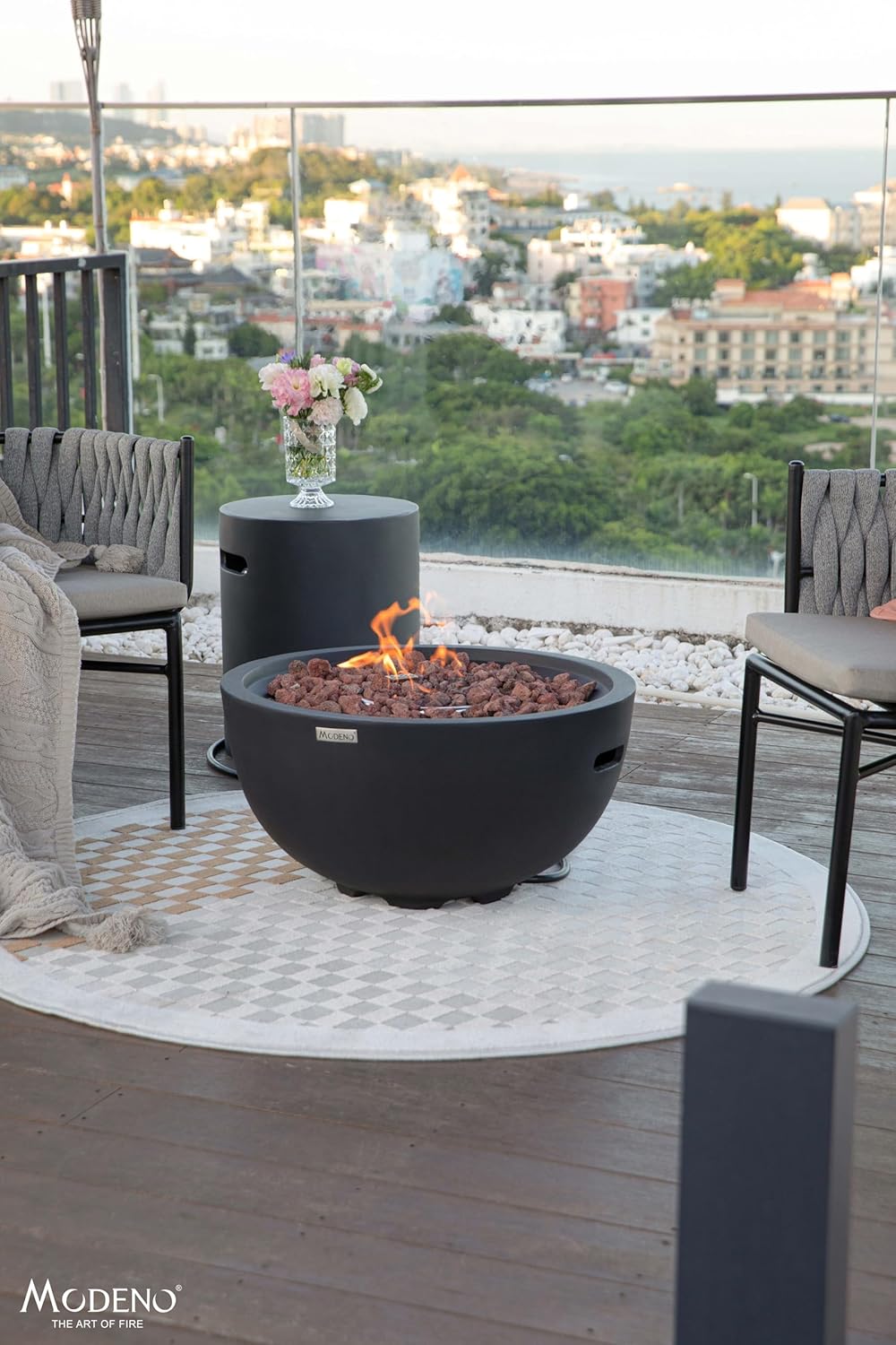 AMS Fireplace | Modeno Jefferson Pakage | Black Liquid Propane Gas Fire Pit Table for Outside Patio Bundle with Tank Cover and SS Burner Lid | Free Ice Bucket