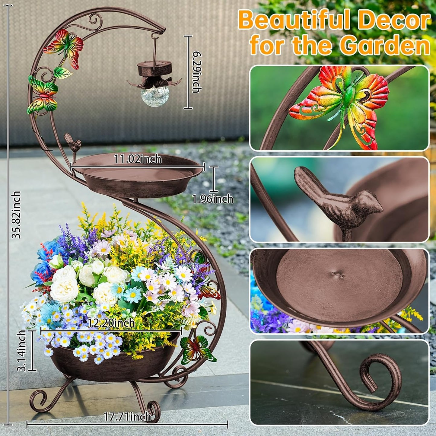 Bird Bath for Outside with Solar Lamp, 36" Birdbaths for Outdoors with Planter Flower Pot, Metal Bird Bath Bowl for Garden Yard Decor (All Vintage Brown)