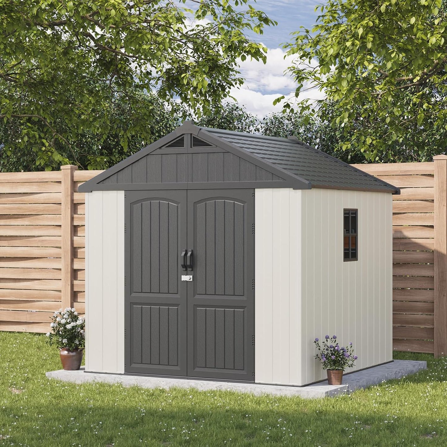 Patiowell 8 x 8 FT Plastic Outdoor Storage Shed with Floor, Resin Shed with Window and Lockable Door for Garden, Backyard, Tool Storage Use, Easy to Install in Beige (Kick-it Shed)