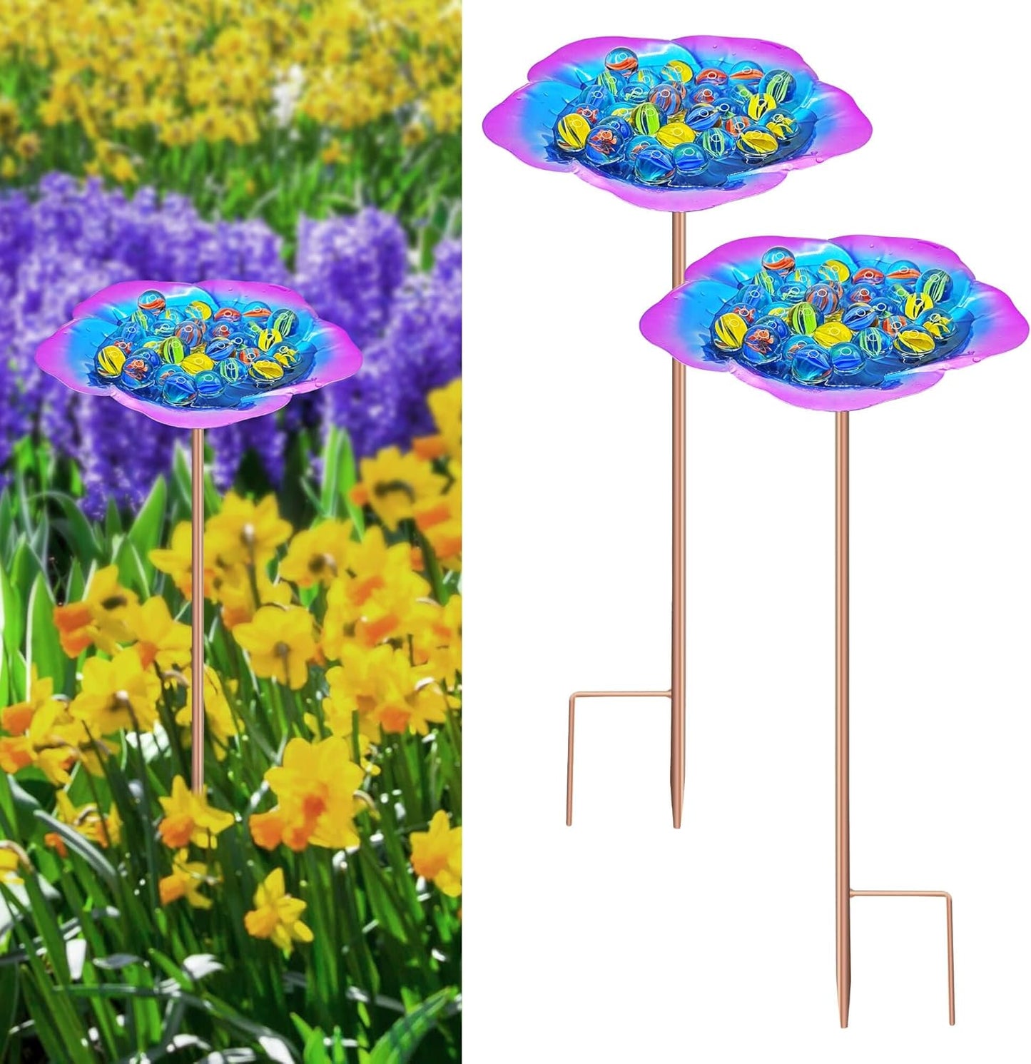 Bee Watering Station-Purple Butterfly Puddler Bee Bath & Feeder with Metal Stakes - 30 Glass Marbles, Vivid Flower Design, Garden Yard Decor (Purple-2PACK)