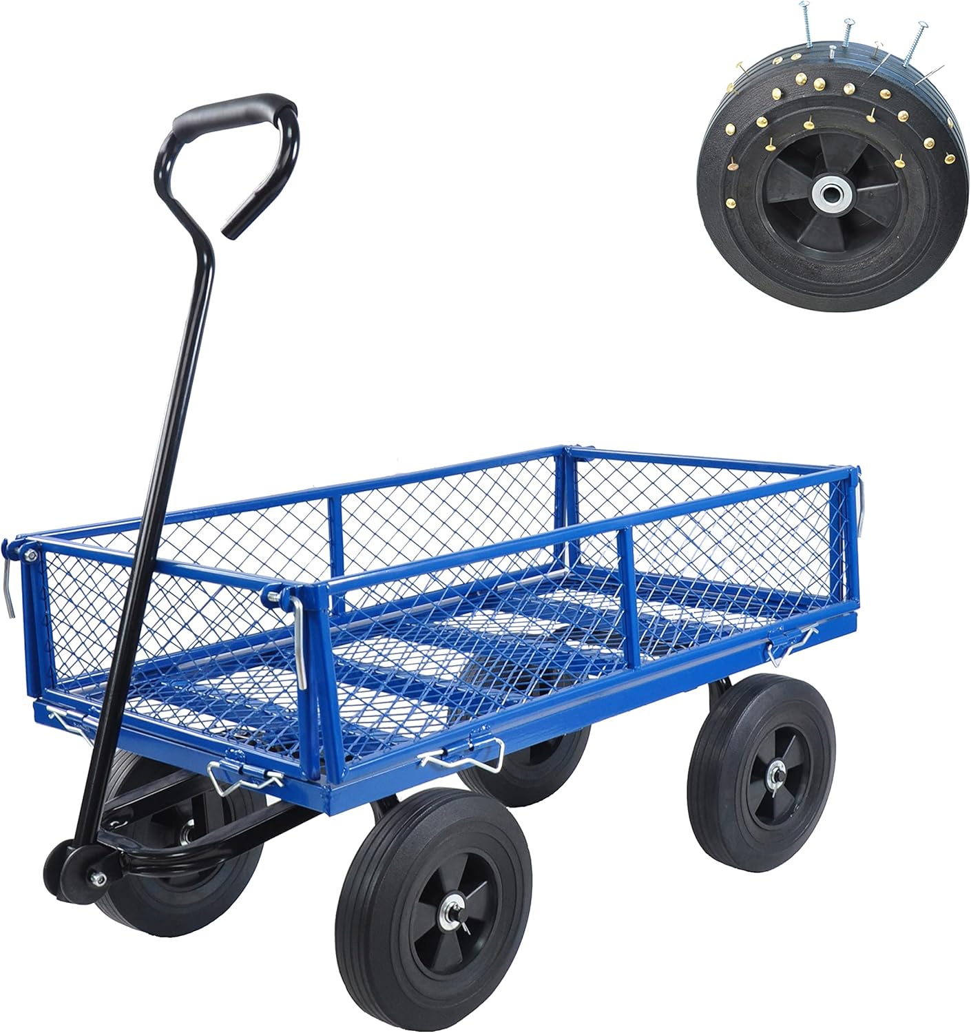 Solid Wheels 10" Flat Free Tires Steel Garden Wagon cart A Large-Capacity mesh with a Load of 1100LBS,with Detachable Side and no Pneumatic Tires,can be Used in Farms,Warehouses,etc.