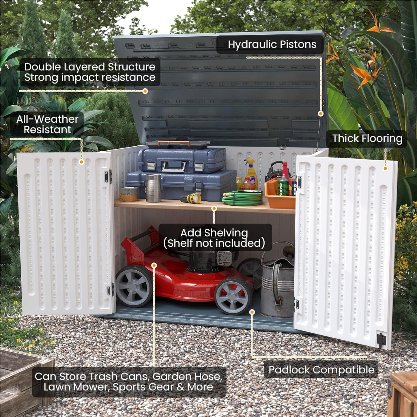 UDPATIO Outdoor Storage Cabinet 35 Cu Ft, Resin Horizontal Outdoor Trash Can Storage Box Lockable Shed 4 x 2 ft for Garbage, Garden Tools, Lawn Mowers