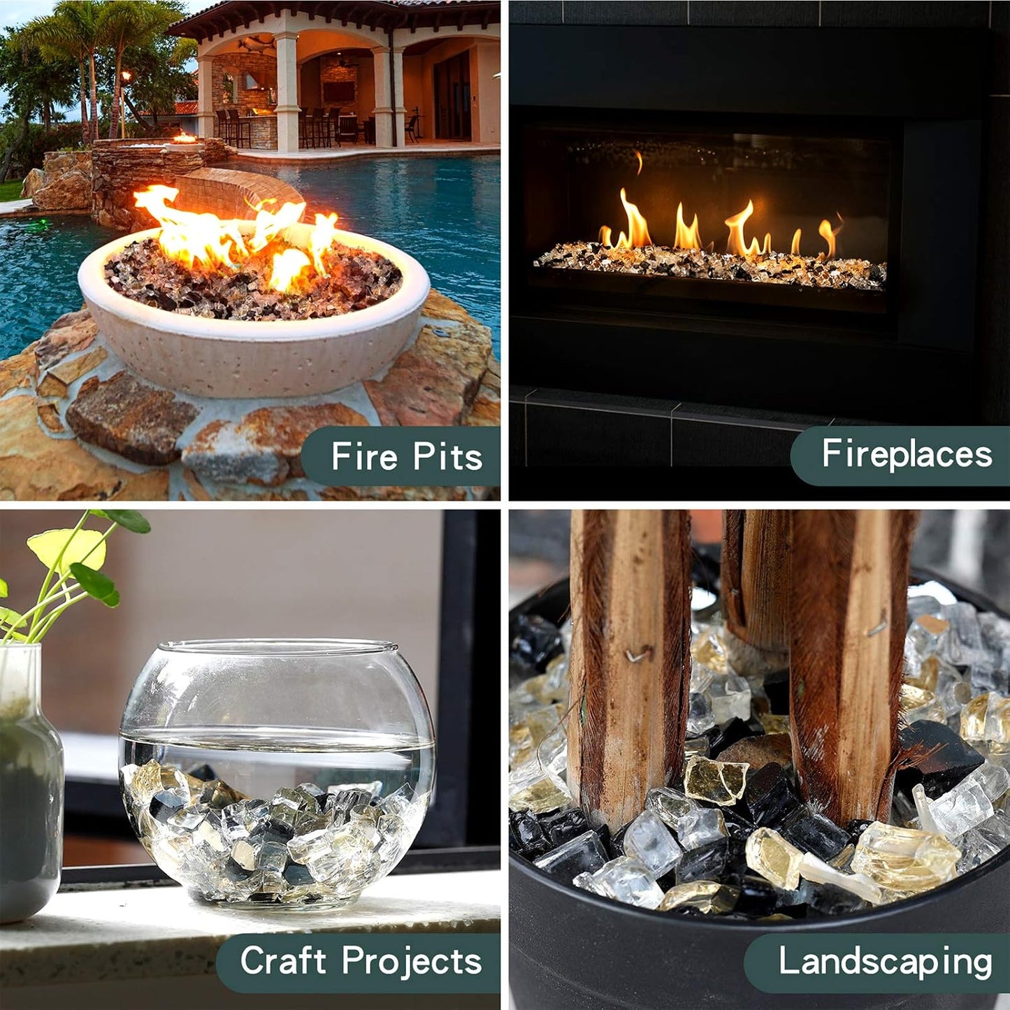 Mr. Fireglass 10 Pounds Blended Reflective Fire Glass for Fire Pit Fireplace and Landscaping, 1/2 Inch Mixed Colored High Luster Fireglass Rocks for Outdoor and Indoor Use Gold+Onyx Black+Platinum