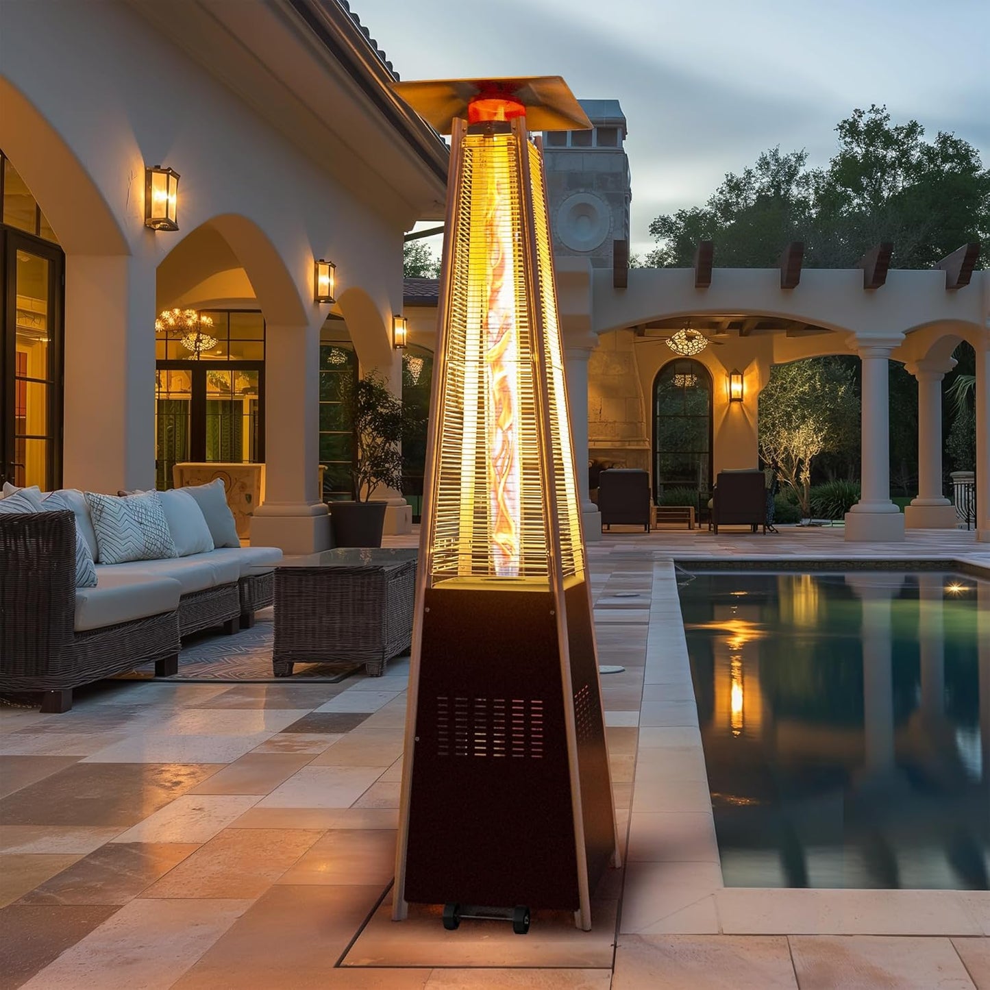 48,000 BTU Flame Pyramid Pool Heater, Triple Safety Protection Portable Patio Heater with Patio Cover, Warm Glass Tube with Durable Wheels-Brown