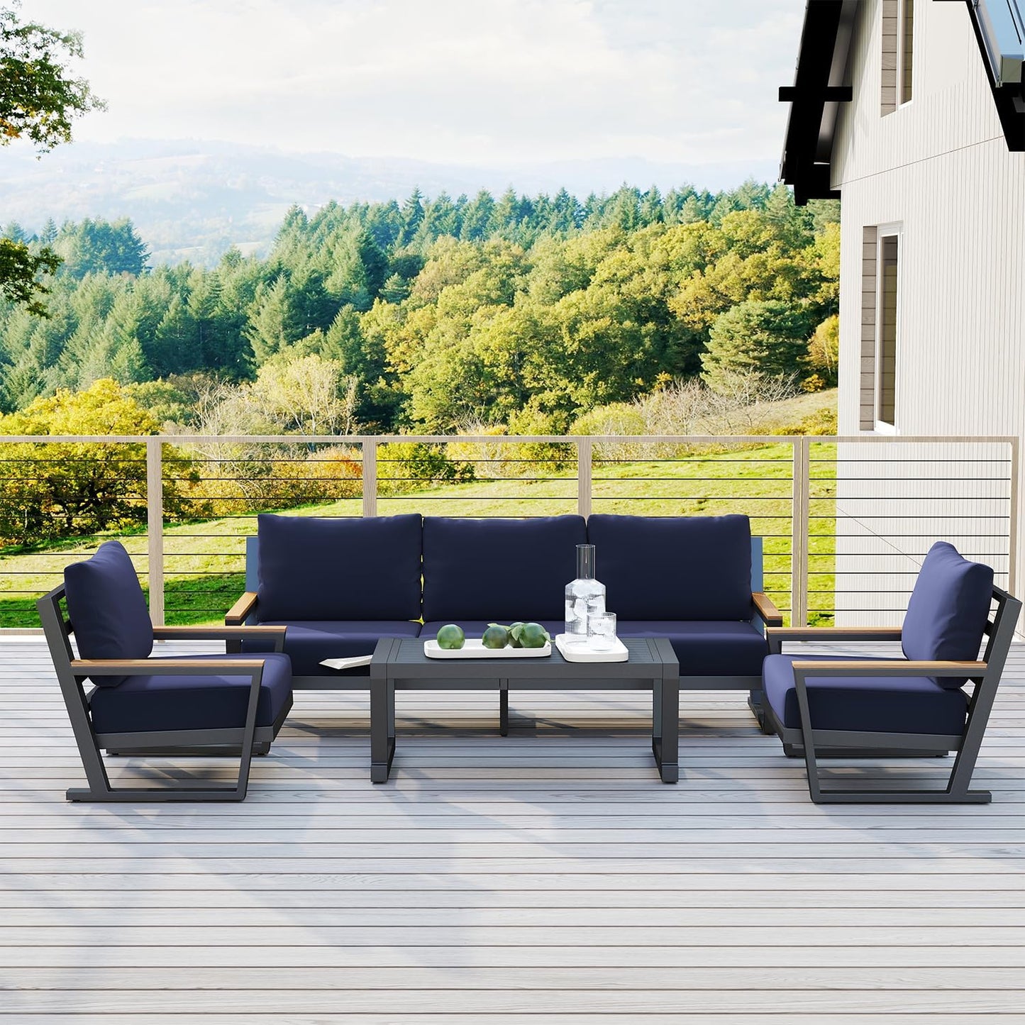 Aluminum Outdoor Sofa,4 Seats Modern Patio Furniture Set,Sectional Sofa Conversation Set with Coffee Table, Upgraded Washable Cushions for Garden Backyard,Blue