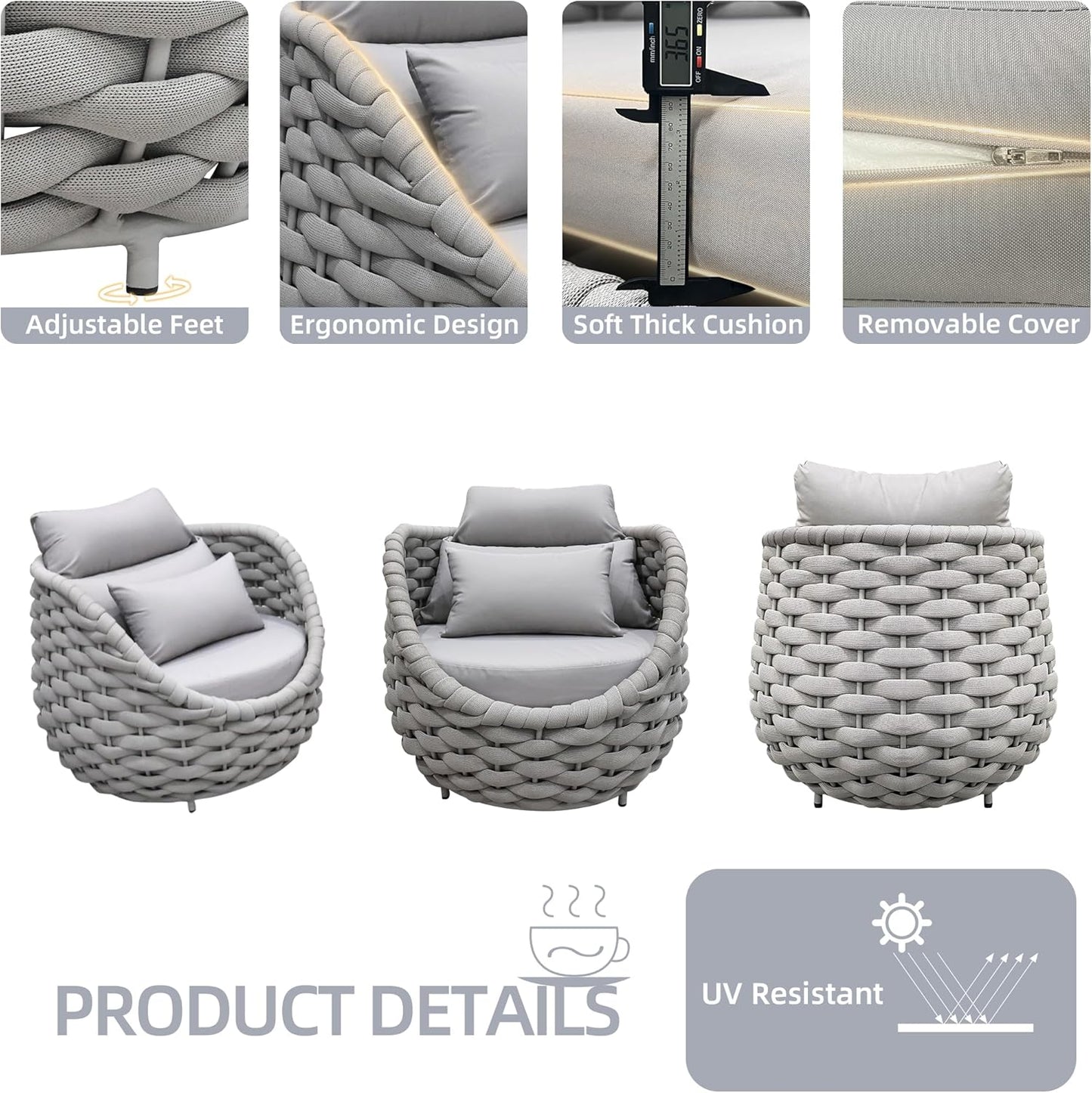 TWT Aluminum Outdoor Patio Furniture Set, 4 Textilene Armchairs Modern Outdoor Conversation Set Outdoor Single Sofa with Upgrade Cushion and Coffee Table for Balcony, Light Grey