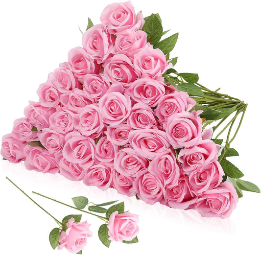 36 Pcs Silk Pink Roses Bouquet Bridal Artificial Flowers Mothers Day,Fake Rose Long Stem Realistic Artificial Flowers Bulk for Wedding Bouquet Ball Arrangement Centerpiece Party Decor