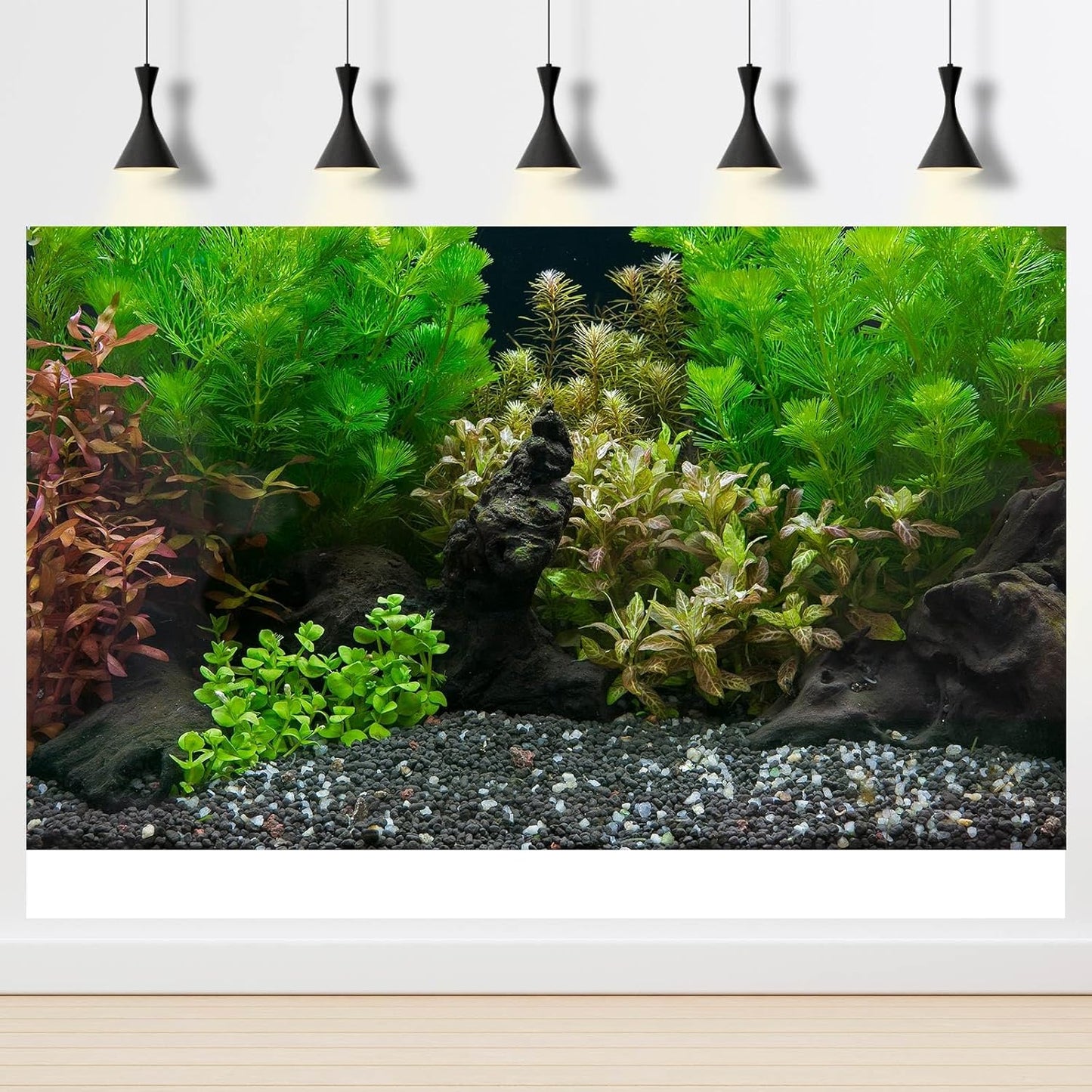 Aquarium Background Exquisite Underwater Grass Leaves with Pebbles Aquarium Backdrop Vivid Green Aquatic Plant Stone with Dead Woods and Fresh Leaves Fish Tank Wallpaper 72x16in